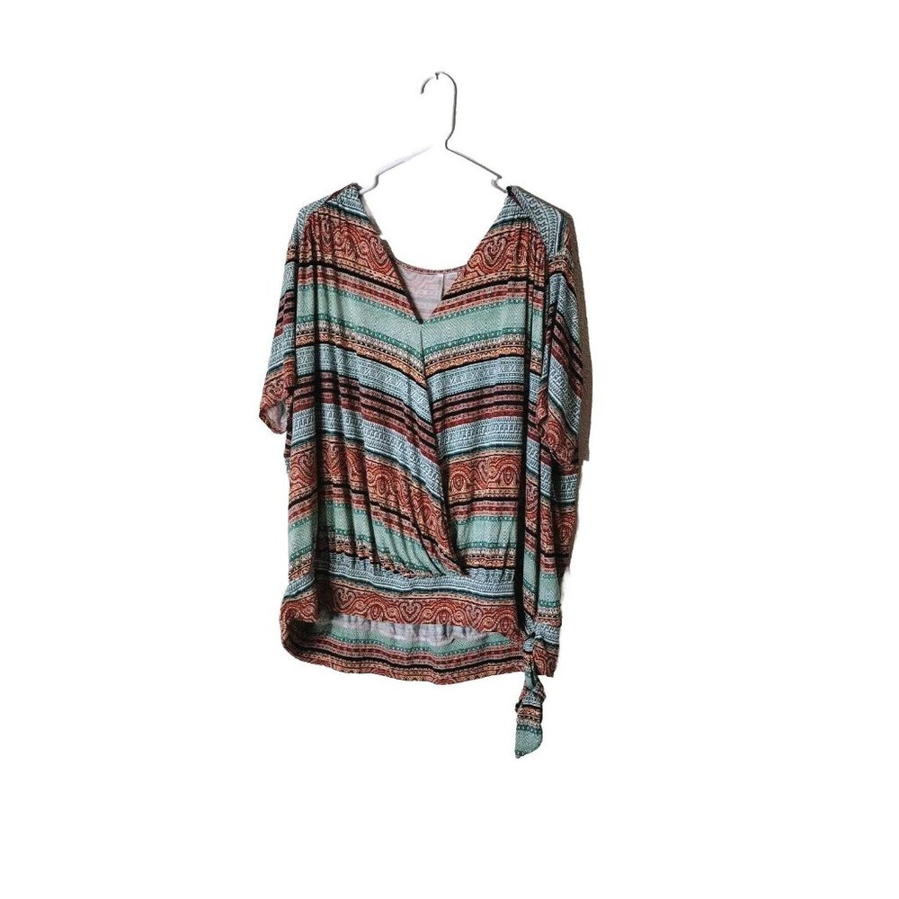 Cato Top Womens 26w Tie Waist Wrap Short Sleeve Aztec Southwestern Soft Stretch